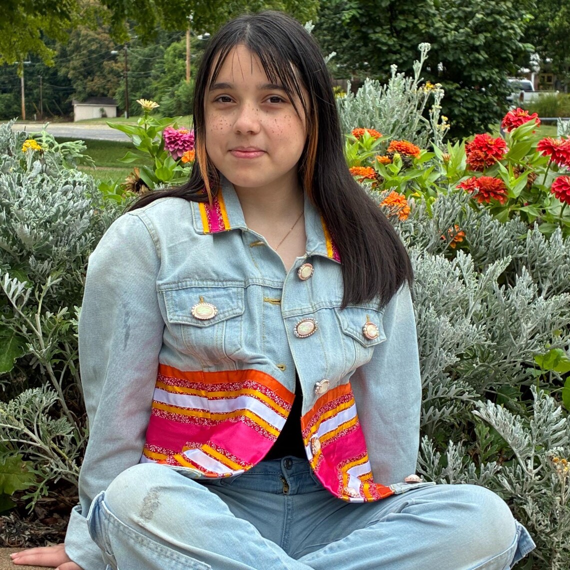 Ribbon-trimmed jean jacket by Flying Fringe